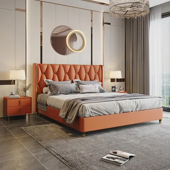 Легкая роскошная кровать, современная простая главная спальня, двуспальная свадебная кровать 1,8 м, мягкая художественная кровать из крайней плоти, итальянская минималистичная мебель из массива дерева Genuin