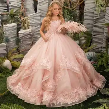 Кружевные платья с цветочным узором для девочек-цветочниц, пышное платье принцессы для девочек, многоуровневое свадебное платье для детей, вечерние платья для официальных мероприятий