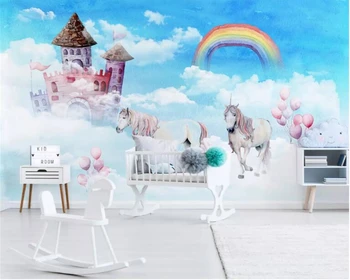 Настроить 3D обои Современная ручная роспись небо радуга замок единорог детская комната фон стены 3D обои