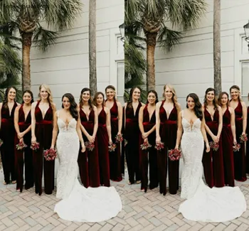 Бархатные платья подружек невесты бордового цвета с V-образным вырезом для девочек, платья подружек невесты для гостей свадьбы, сшитые на заказ, доступны большие размеры