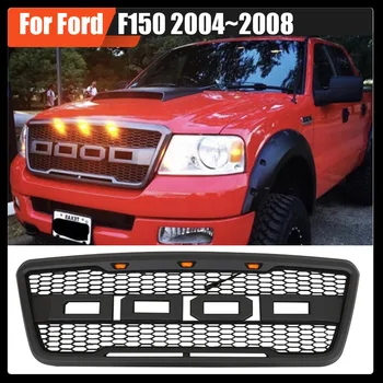 Подходит для Ford F150 2004 ~ 2008 Передняя гоночная решетка ABS, матовая черная отделка, сменная решетка в стиле Raptor Со светодиодными лампами и буквами