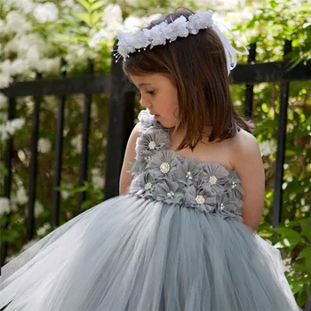Милое серое шифоновое платье-пачка с цветами для девочек, детское пышное бальное платье-пачка из тюля с одним плечом, детское свадебное платье для вечеринки