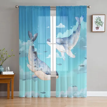 Акварельные прозрачные шторы с изображением Китового неба для гостиной, спальни, кухни, Вуали, занавески из органзы и тюля