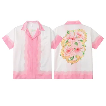 Розовые мужские рубашки с цифровой печатью в цветочек, короткий рукав, Свободный крой, Летняя мода, Гладкая Удобная уличная одежда Camisa Masculina