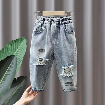 От 2 до 9 лет Модные Повседневные джинсовые Брюки Для мальчиков, Джинсовые брюки для маленьких мальчиков, Детские Рваные Штаны, Нижняя одежда