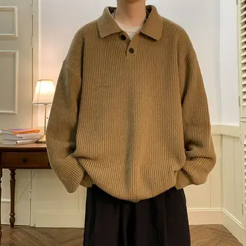 Свитер Поло с воротником в японском ленивом стиле, мужской вязаный свитер в стиле ретро, Кофейный свитер Оверсайз, Мужской повседневный уличный свитер, мужская одежда