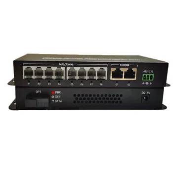 Высококачественный 2 порта 10/100/1000 Base-T 20 КМ 8-канальный PCM-конвертер телефона в волоконно-оптический медиаконвертер