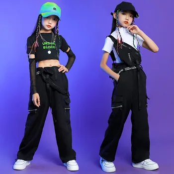 Детская одежда в стиле хип-хоп, укороченный топ с имитацией горловины, футболка, тактические брюки-карго, слинг-сумка, нагрудники для девочек, одежда для джазовых танцев