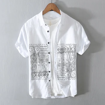 Дизайнерская новая хлопчатобумажная льняная рубашка в китайском стиле, мужские белые рубашки с коротким рукавом и принтом, мужские топы с дышащей мужской одеждой в стиле ретро