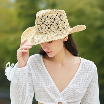Женская ковбойская шляпа пастушки, летняя соломенная шляпа, пляжная кепка с широкими полями, вязаная крючком, летняя панама для отпуска