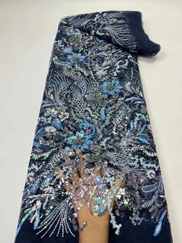 Нигерийская сетчатая кружевная ткань с блестками ручной работы, Африка 2022, высококачественное роскошное тюлевое кружево из бисера для пошива свадебного вечернего платья
