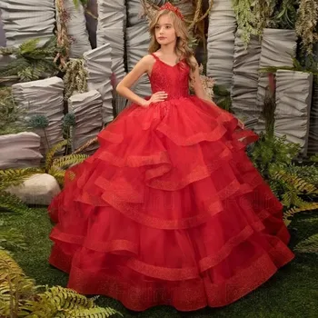 Новая принцесса Красный шар Платья для маленьких девочек-цветочниц Многоуровневые аппликации Платье для дня рождения Свадебной фотосъемки Индивидуальная Прямая доставка