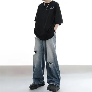 Джинсы Мужские рваные Свободные широкие брюки Y2K с высокой талией, брюки с карманами на пуговицах, уличная весенне-летняя новая мужская одежда YY024