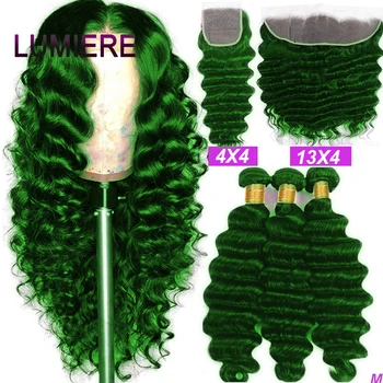 Зеленые свободные пучки с закрытием глубокой волны Пучки перуанских волос с закрытием Remy 100% Пучки человеческих волос с фронтальной