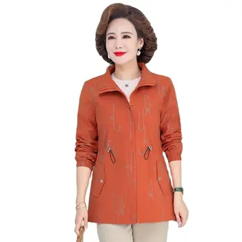 Весеннее пальто с принтом и отворотом в западном стиле, Новая Свободная ветровка, Модное весенне-осеннее пальто для женщин среднего и пожилого возраста, женское
