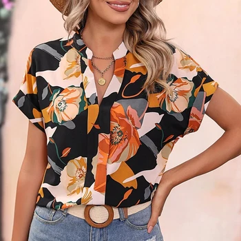 Летняя элегантная блузка с V-образным вырезом и цветочным принтом, пуловер, рубашка с коротким рукавом, облегающий топ, повседневная женская футболка 2023 г.