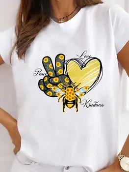 Женская одежда, футболка с принтом Love Heart Bee, милый летний топ 90-х, базовая модная футболка с графическим рисунком.