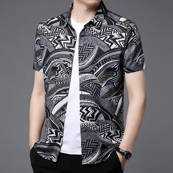 Летняя мужская шелковая рубашка с коротким рукавом 2023, мужские рубашки в полоску