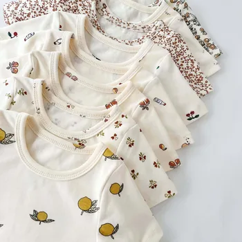 Детская пижама с коротким рукавом, Повседневная домашняя одежда, детская одежда, пижама с вишнево-лимонными цветами, для младенцев, Весна-лето 2023