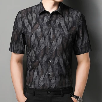 Мужские рубашки бренда BROWON 2023 Новые летние рубашки из эластичного бамбукового волокна Мужские рубашки с модным принтом в стиле ретро С коротким рукавом и отложным воротником