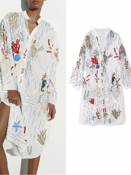 TRAF 2023 Длинная женская рубашка с вышивкой, Летние Женские рубашки и блузки с длинным рукавом, винтажные Свободные Элегантные блузки, шикарные топы