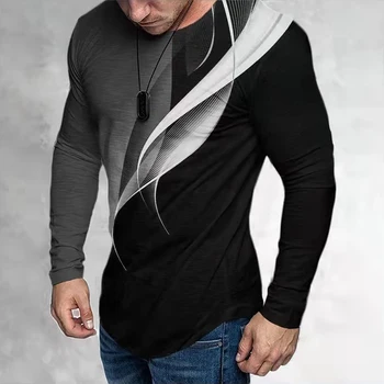 Мужская футболка Весна-осень 2022, мужская футболка с 3D-цифровой печатью, длинный рукав, О-образный вырез, модные мужские повседневные футболки в крутом цветовом сочетании