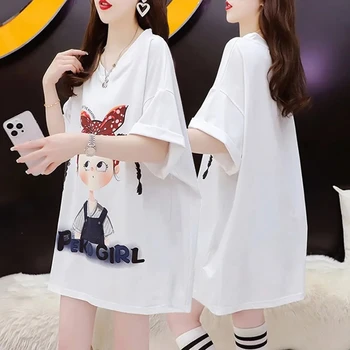 Летняя хлопковая повседневная футболка с короткими рукавами для женщин 2023, Новая корейская версия, свободная футболка средней и длинной длины в иностранном стиле.