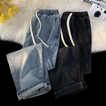 Весна 2023, новые Мужские Мешковатые джинсы с эластичной резинкой на талии, Корейские модные Джинсовые Широкие брюки, винтажные Синие брюки Мужского бренда