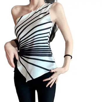 2023 Новая женская футболка с одним плечом, майки без рукавов, майка неправильной формы, сексуальное скошенное плечо, узкий полосатый дизайн y2k
