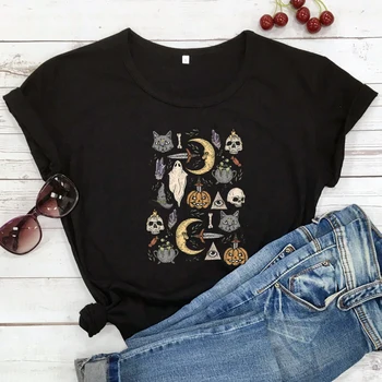 футболка с ведьмовскими вещами на Хэллоуин, винтажная женская футболка с хипстерским рисунком