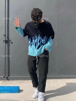 Новый свитер Blue Flame Sweater 2022, жаккардовый мужской свитер, пуловер, вязаный топ, свободная мужская одежда flame man в стиле хип-хоп
