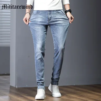 2023 Новые летние Тонкие джинсы Slim Leg модного бренда, повседневные стрейчевые длинные брюки для мужчин и молодежи, простые обычные Y2k