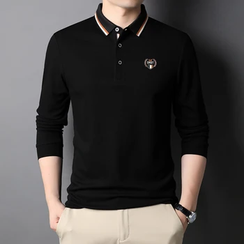Высококачественная модная футболка с вышивкой из мерсеризованного хлопка с длинным рукавом, мужской топ с лацканами, осенняя модная деловая рубашка поло 2022, мужская