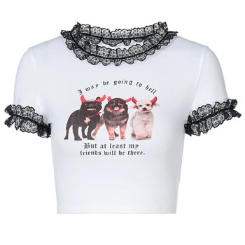 Женский готический укороченный топ с коротким рукавом, кружевная футболка в стиле пэчворк с принтом щенка Дьявола, 10CF