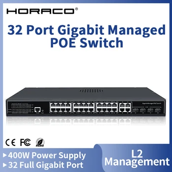 HORACO 32-портовый Гигабитный PoE Управляемый коммутатор 1000M L2 Сеть управления Smart Switcher Концентратор Интернет-разветвитель 400 Вт 1U Для установки в стойку