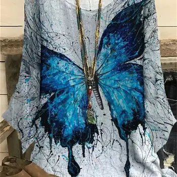 Лето 2023, Новый женский свободный пуловер с круглым вырезом, винтажная футболка с длинными рукавами, весенне-летняя женская повседневная футболка с принтом бабочки