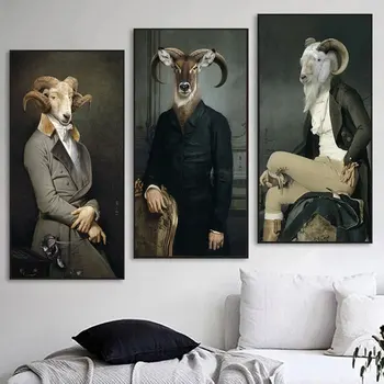 Джентльмен и леди, Пара Коз и овец, Винтажная Художественная печать на холсте, Настенная картина с животными, Плакат для украшения дома в гостиной