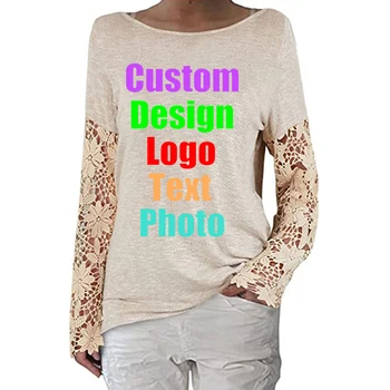 Женская однотонная трикотажная футболка с индивидуальным логотипом, топы с кружевными рукавами, нижняя рубашка