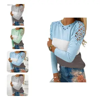Ультрамягкий Стильный женский топ в стиле пэчворк с круглым вырезом, футболка, пуловер из полиэстера, тонкий топ для работы