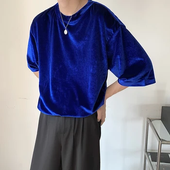 Роскошные синие свободные велюровые мужские футболки в стиле летнего бойфренда 2023 года в Корейском стиле, модный топ для мужчин, бархатное платье, блузка оверсайз