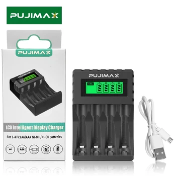 PUJIMAX 4-слотное независимое зарядное устройство 1,2 В типа АА ААА с интеллектуальным индивидуальным ЖК-дисплеем, зарядное устройство с защитой от перегрева