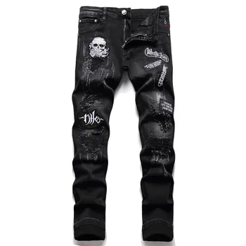 Мужские джинсы с вышивкой в виде Черепа и букв, Рваные джинсовые брюки с дырками, Уличная одежда в стиле хип-хоп, облегающие мотоциклетные джинсы, мужская одежда