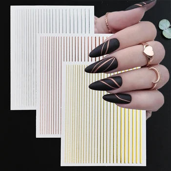 1 ШТ. 3D Наклейка для ногтей в полоску Lines с геометрическими Волнистыми линиями цвета: Золотистый, Серебристый, Металлические Линии, Самоклеящиеся Слайдеры, 10x8 см, Наклейки для дизайна ногтей # N