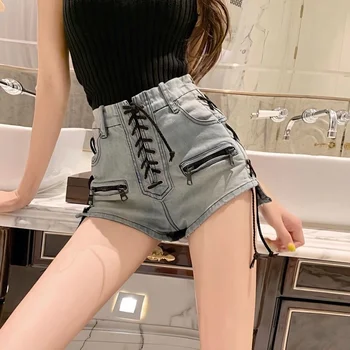 Винтажные Летние женские новые Корейские модные облегающие уличные шорты с высокой талией, повседневные джинсовые шорты на шнуровке, шорты с разрезом по бокам