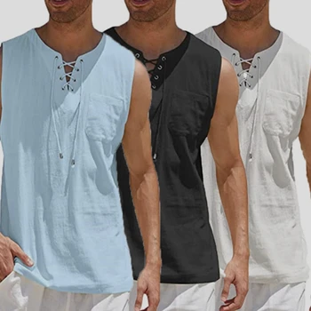 Летние мужские рубашки с V-образным вырезом и уздечкой, майка, однотонный модный хлопковый жилет, рубашка без рукавов, Дышащая И свободная мужская одежда