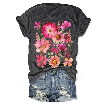 Rheaclots/ Женские хлопковые футболки с винтажным принтом прессованных цветов, женские футболки с графическим рисунком, топы