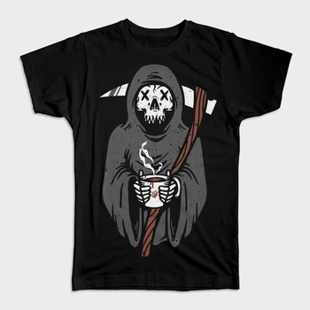 Футболка Coffee Reaper, футболка с принтом Horror Reaper, футболки со смертью, футболка Scary Coffee
