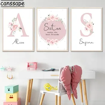 Художественный плакат с пользовательским названием, картина на холсте, Розовый цветок, настенное искусство, лучший друг, художественные принты, плакаты для детской комнаты, декор комнаты для маленьких девочек