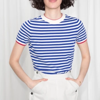 EOS 2023 Летняя базовая трикотажная футболка с контрастным круглым воротником в полоску в винтажном стиле Южной Франции, бесплатная доставка