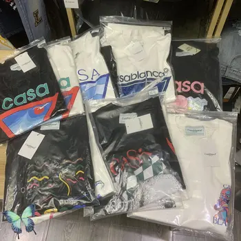 23SS Новая коллекция футболок CASABLANCA, Высококачественная хлопковая свободная футболка с принтом и коротким рукавом для мужчин и женщин